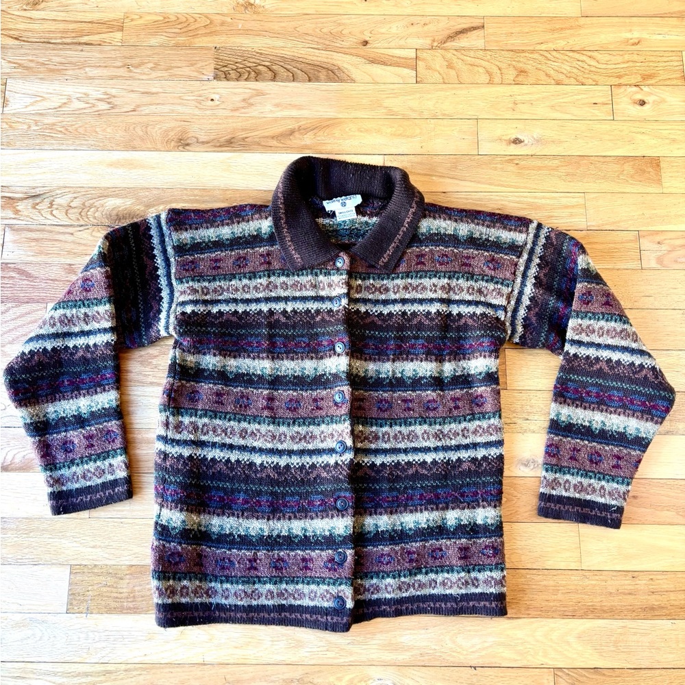 KATHY IRELAND Vintage Nordic Fair Isle Knit Women Button Up Sweater